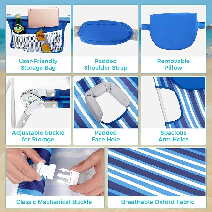 #WEJOY Folding Tanning Chair with Face Hole, 5 Positions Face Down Beach Lounge Chairs with Pillow for Outside Sunbathing Poolside (Blue/White)