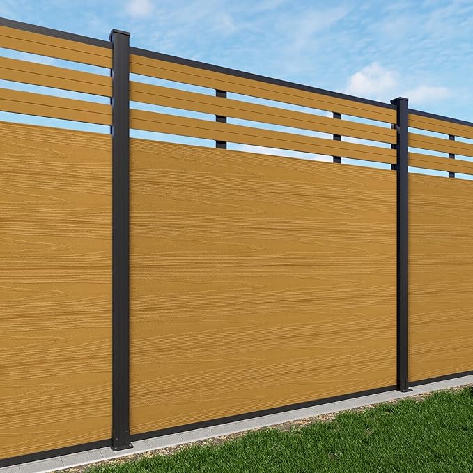 Mondaria Semi-Closed Privacy Fence Panels with 2 Posts for Outside, 6ft(W) x 6ft(H), Wind Resistant Wood Plastic Composite Fencing Panels for Patio, Backyard, Garden and Pool, Yellow Teak