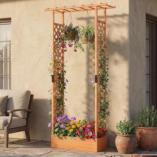 S AFSTAR Raised Garden Bed with Trellis, 2-in-1 Fir Wood Planter Box with Flat Roof & Drainage Holes, Vertical Planter Raised Bed for Climbing Plants, Flowers & Vegetables, 43" x 14" x 89" (Orange)