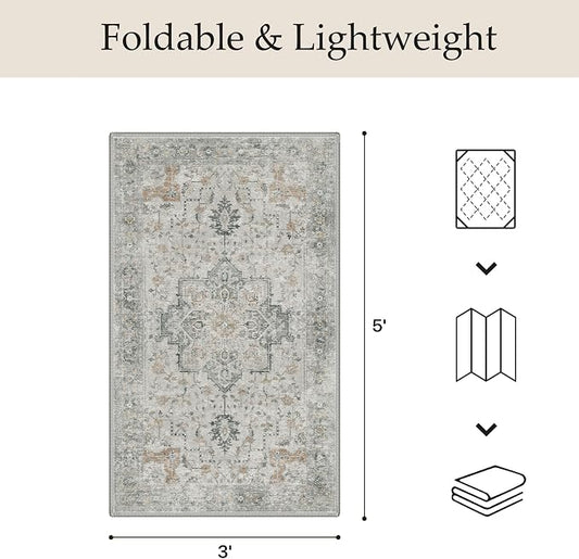 GENIMO Outdoor & Indoor Area Rug 3'x 5', Waterproof, Non-Shedding, Easy Cleaning, Boho Mat for Patio, Living Room, Balcony, Dining Room, RV, Deck, Bedroom, Camping, Outside Carpet,Light Grey Brown