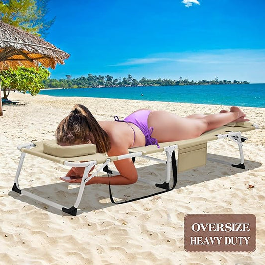 DoCred Heavy Duty XXL Tanning Chair with Face Hole&Mat, Oversized 5-Position Folding Chaise Lounge Chairs for Outside, Portable Beach Lounge Chair for Outdoor Sunbathing Beach Pool Lawn Camping