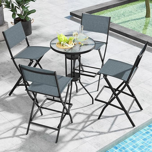 COSTWAY Outdoor Patio Bar Chair Set of 6, Folding Bar Height Stool with Metal Frame & Footrest, Patio Bar Stool for Balcony, Garden & Poolside (6, Blue)