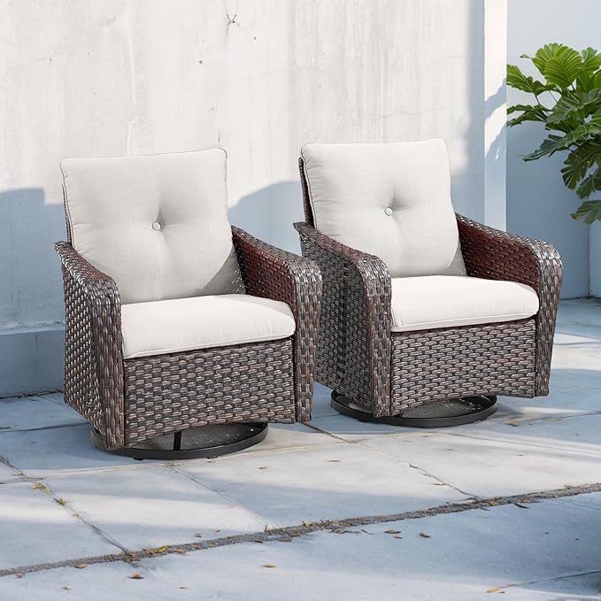 Rilyson Outdoor Patio Swivel Rocker Chairs - 4 PC Wicker Rattan Patio Rocking Glider Chair Set with High Back,Comfy Cushions and Deep Seating for Porch Deck Backyard Garden(Brown/Beige)