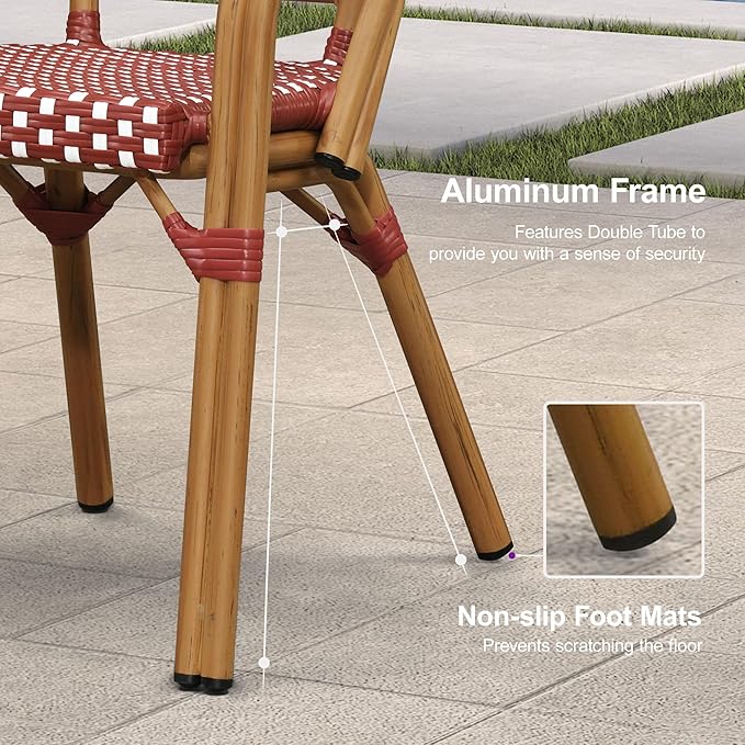 PURPLE LEAF French Bistro Chairs Set of 2 Patio Dining Chairs Hand-Woven Aluminum Wicker Rattan Armchairs for Kitchen Porch Garden Bamboo Print Finish Red White