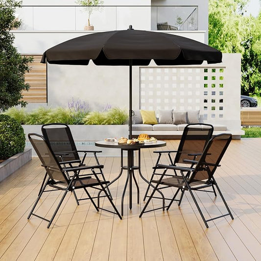 6 Pieces Patio Dining Set for 4, Small Outdoor Patio Table and Chairs Set, Patio Furniture Set with Umbrella & 4 Folding Chairs Portable Garden Dining Table Set for Garden, Backyard, Lawn