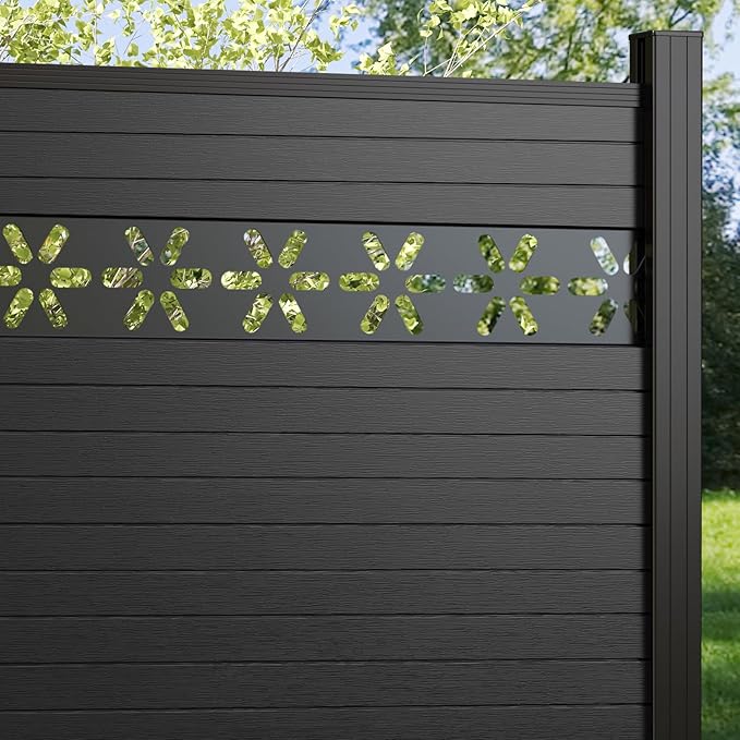 6 Feet×6 Feet Privacy Fence, Outdoor Wood Plastic Composite Fence Panel, Waterproof Security Barriers Fencing, WPC (Black, Floral (1 Panel - 2 Post))