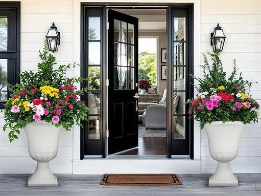 22" Urn Planters Outdoor Planter for Plants Set of 2 Timeless Plastic Large Flower Pot with Drainage Hole Terrazzo White Garden Pots for Porch, Patio Christmas Decor