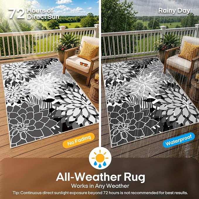 ZonLi Colorful Outdoor Rug 6x9Ft Waterproof Multicolored Indoor Area Rug Washable Outdoor Patio Rugs Tropical Floral Non Slip Outdoor Carpet for Living Room, Pool,Backyard,Deck,Camping