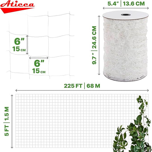 ATICCA Trellis Netting 5 x 225 ft Heavy Duty Polyester Plant Support Netting White - 6 Inch Garden Rope Trellis on Roll - Mesh Twine for Growing Vine Climbing Plants, Flowers, Peas, and Tomatoes.