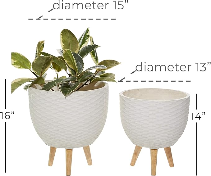 Deco 79 Ceramic Geometric Indoor Outdoor Planter Diamond Patterned Large Planter Pot with Wood Tripod Legs, Set of 2 Planters 16", 14"H, White