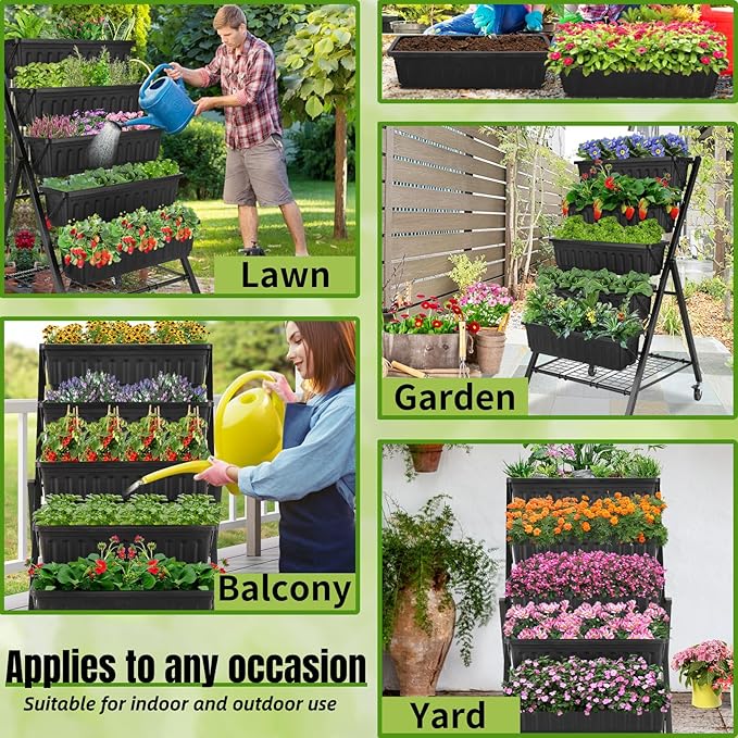 Homdox 4FT Vertical Garden Bed, 5 Tiers Vertical Raised Garden Planter, 25.6 * 26 * 48Inch Garden Raised Bed with 4 Hooks & 4 Wheels, Vegetable Flower Planter Raised Stand, Black with Storage Rack