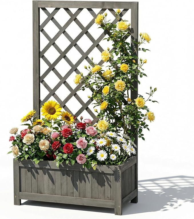 Wooden Raised Garden Bed with Trellis, 40" Outdoor Planter Box for Climbing Plants, Vertical Modern Gray Garden Planter for Vegetables, Flowers & Vines, Lattice Plant Support for Patio Yard Balcony
