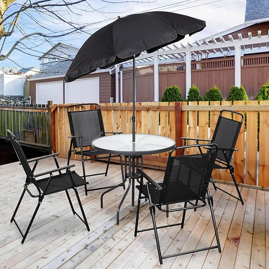 Shintenchi 6 Piece Patio Dining Set for 4, Outdoor Furniture Set with Umbrella, Table and 4 Folding Chairs, Metal Outdoor Seating for Lawn, Backyard, Garden, Porch, Balcony, Deck, Solid Black
