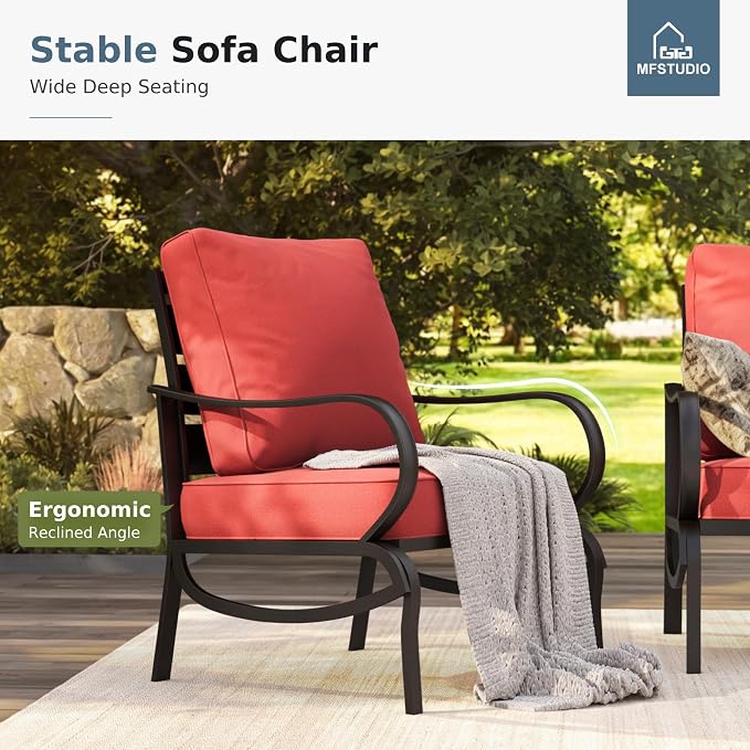MFSTUDIO 6 Pieces Metal Patio Furniture Sets, 2 Swivel Chairs, 3-Seat Loveseat Sofa, 2 Patio Chairs & 1 Marbling Coffee Table, All Weather 7 Seats Outdoor Conversation Set for Garden, Burgundy Red