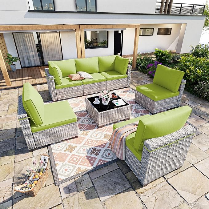 7-Piece Patio Furniture Set, Outdoor Sectional with Thick Cushions, Modular Patio Sofa, Dual-Strand Wicker Rattan, Rust-Resistant Frame, Backyard Furniture for Garden, Deck, Grass Green