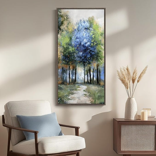 Framed Vertical Colorful Forest Living Room Wall Art, Large Tree & Path Picture Artwork for Walls, Farmhouse Landscape Vertical Canvas Print for Office Kitchen Foyer Stair Hallway Wall Decor, 20x40 In