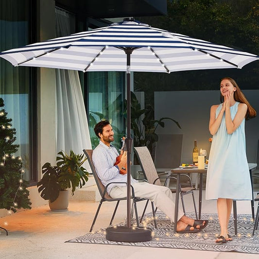 JEAREY 9FT Outdoor Patio Umbrella with Solar Lights, LED Lighted Pool Umbrella with Tilt and Crank, Outdoor Table Umbrellas for Deck, Yard & Market (Blue White Striped)