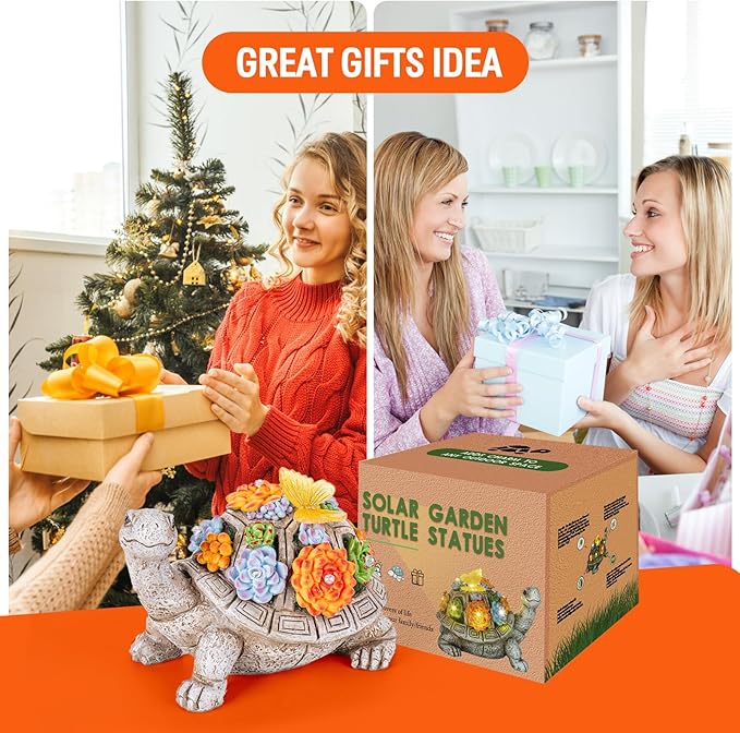 Solar Garden Outdoor Statues with Succulent and 7 LED Lights - Lawn Decor Tortoise Statue for Patio, Balcony, Yard Ornament - Unique Housewarming Gifts (Gray Turtle)