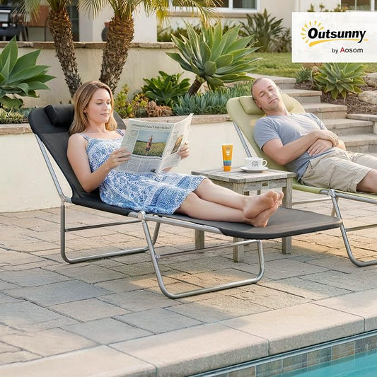 Outsunny Folding Chaise Lounge Outdoor Sun Tanning Chair w/Pillow, Black | Sun Tanning Chair for Outside, Breathable Mesh Seat, Headrest, Pool, Beach, Yard, Patio