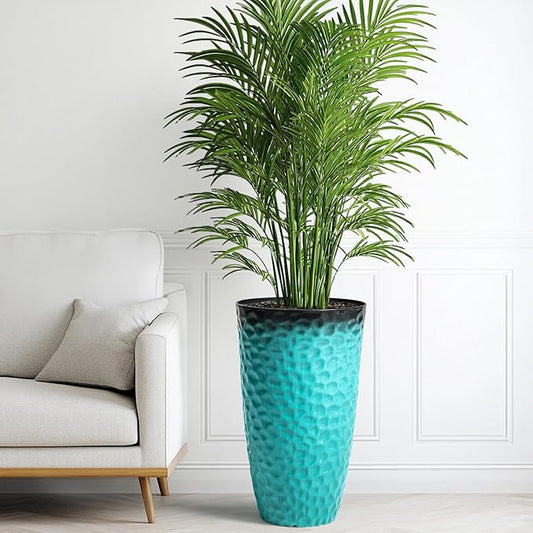 23.75" H Large Tall Outdoor Planters, Set of 2 Plastic Large Flower Pots for Outdoor Plants, with Turquoise Teal Honeycomb Texture, Weather-Resistant for Porch, Garden, Patio or Indoor Use