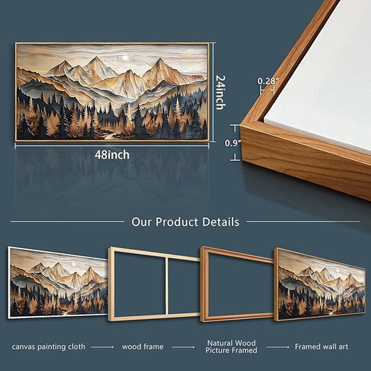 QIYILEXWART Wood Farmed Large Wall Decor For Living Room Canvas Wall Art For Office Modern Wall Decorations For Bedroom Mountain Landscape Painting Abstract Pictures Artwork Room Home Decor 24x48 In