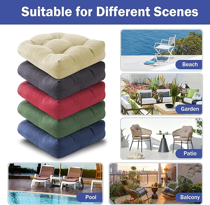 Outdoor Chair Cushions Set of 4, Patio Chair Cushions with Ties, 19x19+5” Tufted Outdoor Seat Cushions, Waterproof Patio Furniture Cushions, Outdoor Dining Chair Pads, Beige