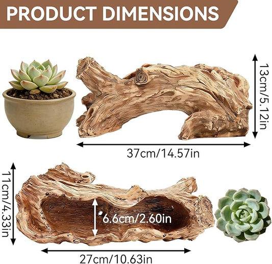 Artificial Driftwood Planter, Resin Tree Root Stump Succulent Pot with Drainage Hole, Vintage Log Shape Container for Cactus Herbs, Rustic Home Garden Decoration (14.6 Inch)
