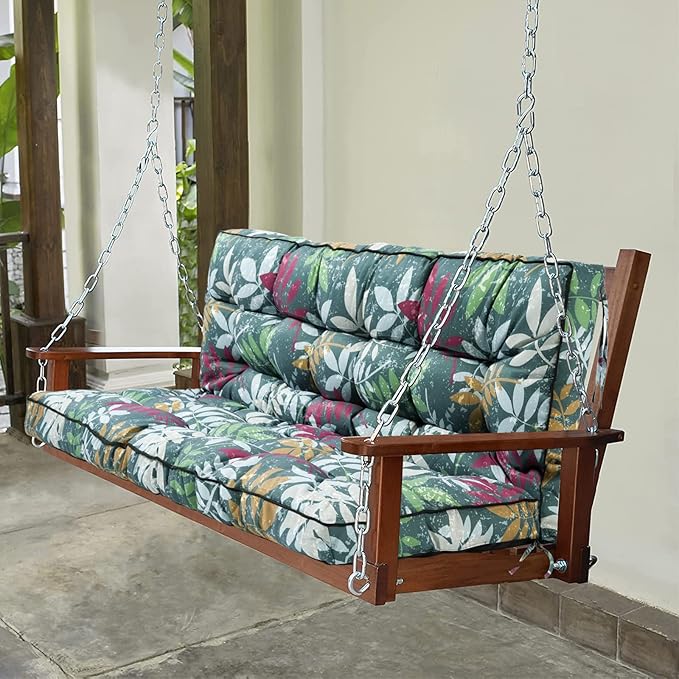 Swing Replacement Seat Cushions, 2-3 Seater Bench Cushions for Outdoor Furnitur with Backrest, Garden Recliner Seat Cushions Waterproof Sofa Pads (Green Flowers, 55x40in)