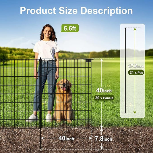 Land Guard 20-Panels No Dig Decorative Fence 40 in(H) x 50 ft(L), Tall Garden Fence Animal Barrier, Removable Fence for Garden, Rustproof Metal Animal Barrier Ground Stakes Fencing