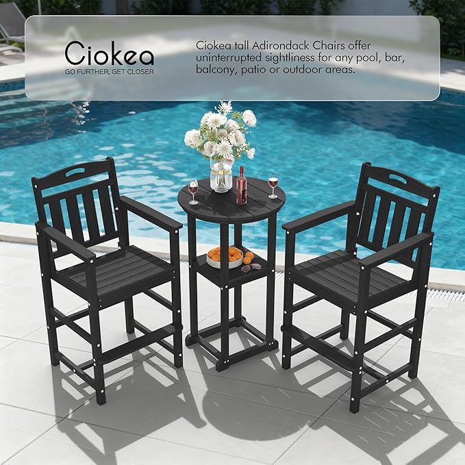 Ciokea Oversized Tall Bar Chair, HDPE Adirondack Outdoor Bar Chair with Footrest, All-Weather Barstool with High Back for Balcony, Bistro, Porch, Deck, Pool, Backyard, Black