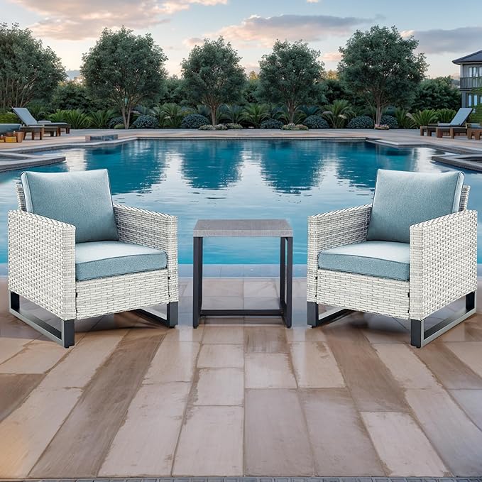 Rilyson Wicker Outdoor Patio Chairs Set of 2-2 Piece Rattan Chairs with Waterproof Wicker,Comfortable Cushions and Sturdy Metal Frame for Outside Porch Deck Backyard(Light Grey/Sky Blue)