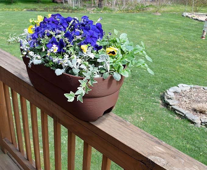 Emsco Group Bloomers Railing Planter with Drainage Holes - 24" Weatherproof Resin Planter - Earth Brown