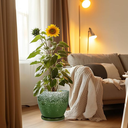 10 Inch Plant Pot - Ceramic Planters for Indoor Plants Outdoor, Large Planter with Drainage Hole and Saucer, Decorative Round Flower Pots, Garden House Decor, Gifts for Plant Lovers, Green