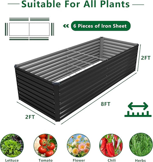 DIIYIV Galvanized Raised Garden Bed Kit Outdoor Patio,8x2x2ft Large Rectangular Metal Planter Boxes,Deep Root Box Planter for Gardening,Vegetables,Flowers,Herbs-Black