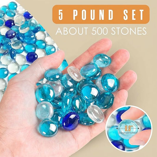 Houseables Glass Beads for Vases, Marbles for Vases, Glass Marbles, Blue & Clear Beads, Flat, Blue & Clear Gems, Filler, Crafts, Pebbles, Stones, Decorative Rocks, Plants, Flower, Fishbowl, 5LB, 500PC