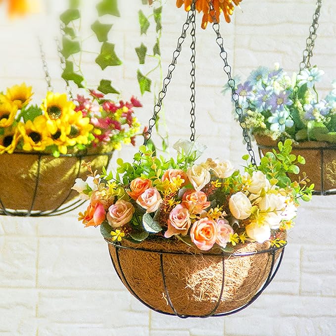 12 inch Metal Hanging Baskets For Plants Outdoor 4 Pack Round Metal Wire Hanging Basket Planter with Coco Fiber Liners Chain Round Wire Plant Holder for Garden, Patio, Deck, Porch Plants Flower Potss