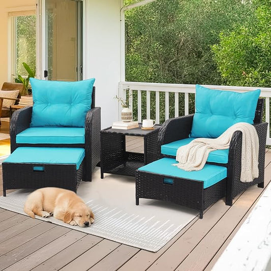 PE 5 Piece Outdoor Chairs with Ottoman, Wicker Patio Furniture Set with Ottoman, Outdoor Lounge Chairs for Patio Balcony Garden Sunroom, Lakeblue