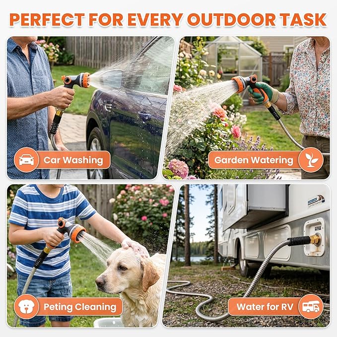 Cesun 100 ft Metal Garden Hose, Stainless Steel Heavy Duty Water Hose With 10 Function Nozzle, No Kink & Flexible, Lightweight and Durable, Rust Proof for Yard, RV, Pet Bath, Outdoor, 100 foot x 5/8"