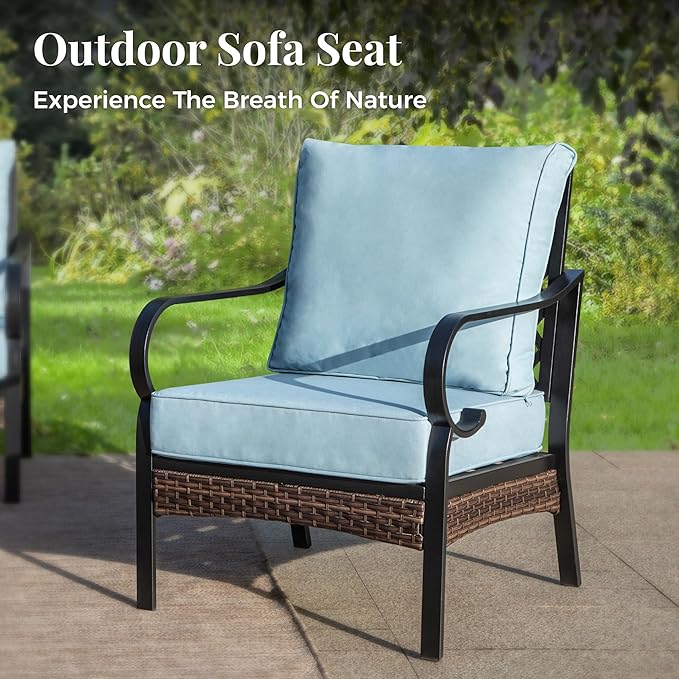 Patio Furniture Set with Firepit Table, Black Frame Outdoor Conversation Set with 2 x Fixed Chairs, 1 x 3-Seat Sofa for Lawn Garden Backyard, Blue