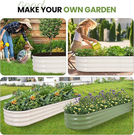 G GOOD GAIN Raised Garden Beds - 8x2x1ft Galvanized Planter Boxes Kit with Protective Tape & Gloves & Tools | Oval Metal Outdoor Raised Bed for Gardening Vegetables, Fruits, Flowers, Herbs, White