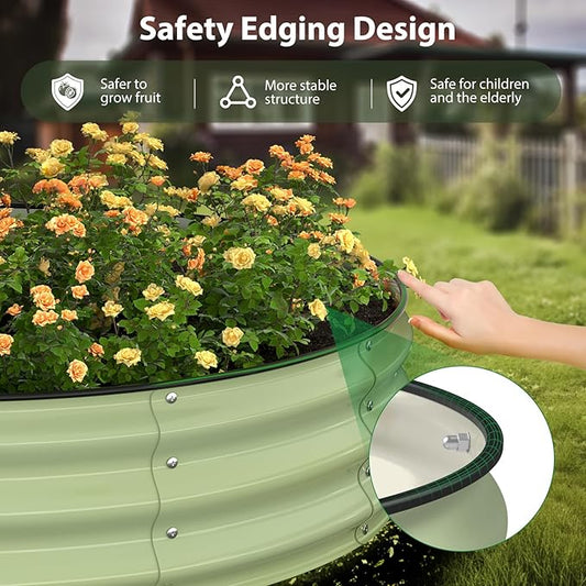 Winpull Raised Garden Bed Kit, 4x4x1 ft Round Galvanized Planter Box Outdoor with Safety Edging, Large Metal Raised Beds for Gardening Vegetables Flower Fruits (Avocado Green)