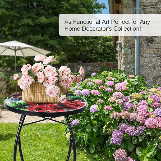 VCUTEKA Patio Side Table Outdoor Accent Table Small Mosaic Tables Coffee End Porch Tables Indoor Outdoor Round Glass Balcony Bistro Plant Stand Hummingbird Poppy 14 inches