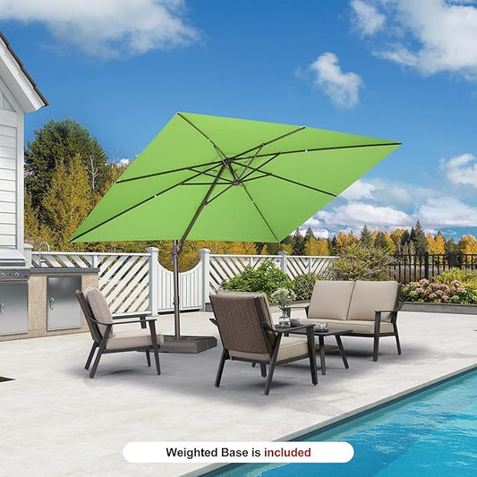 PURPLE LEAF 9' X 11.5' Rectangle Cantilever Umbrella with Base Patio Umbrella Outdoor Aluminum Offset Hanging Umbrella with 360-degree Rotation for Pool Garden Backyard Deck, Green