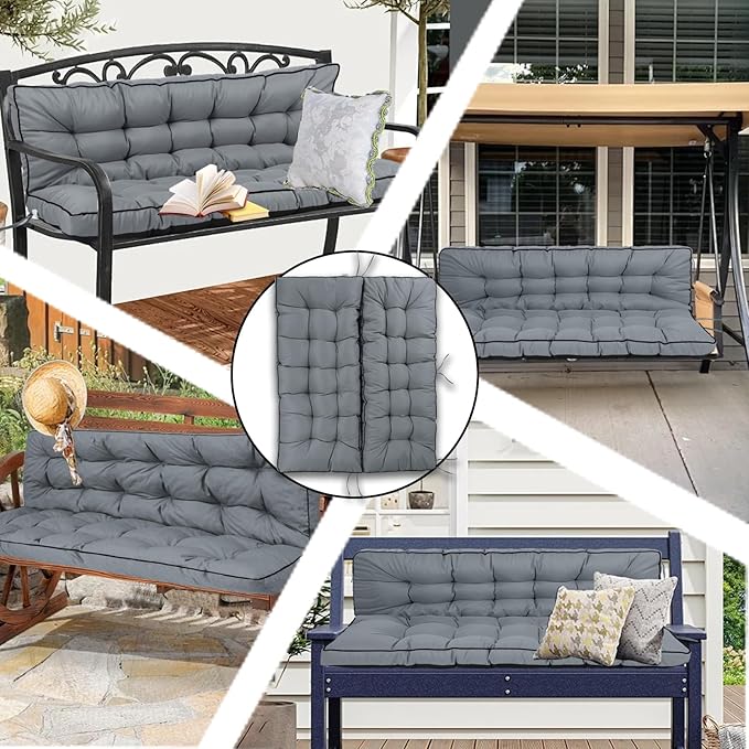 Porch Swing Cushion Three Seat, Waterproof Swing Cushions Replacement with Backrest, Outdoor Garden Furniture Patio 4" Thickened Cushions with Ties (Light Gray, 40 x 71in)