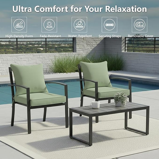 24x24 Inch Outdoor Chair Cushions Set of 2, Patio Furniture Cushions - Removable Cover, Water-Repellent, Fade-Resistant, Non-Slip Bottom & Straps, Replacement for Deep Seat Sofa & Couch - Sage Green