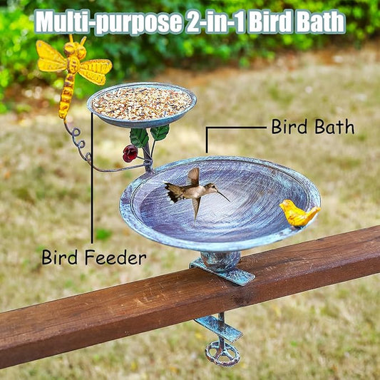 Bird Bath for Deck Railing and Balcony, 2 in 1 Bird Feeders for Outdoors with Heavy Duty Clamp, Unique for Outside and Silver Birdfeeder Suitable for Garden Porch Backyard