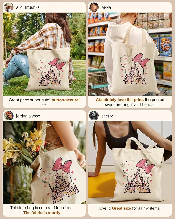 Miss Adola Canvas Tote Bag for Women – Aesthetic Canvas Bag with Zipper Cute Stylish Reusable Shoulder Totes for Shopping Work Daily Vacation, Bow Castle