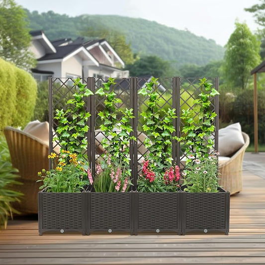 4 PCS Raised Garden Bed with Trellis, Plastic Planter Box for Climbing Plants, Outdoor Vertical Garden with Privacy Screen for Patio, Balcony, Backyard, Dark Brown