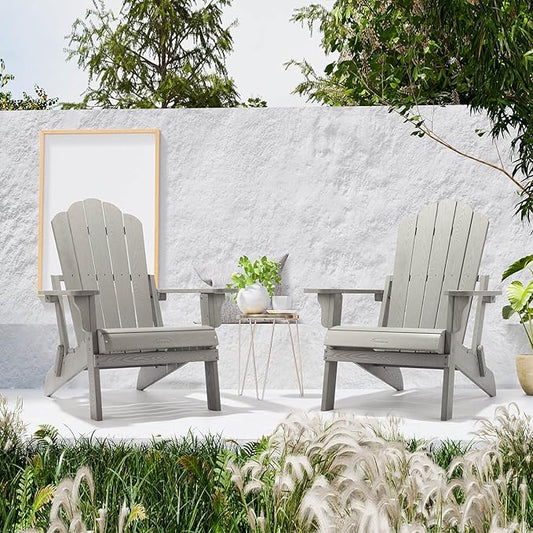 hOmeHua Folding Adirondack Chair Weather Resistant, Hard Plastic Imitation Wood Stripes Adirondack Chair, Easy to Fold Move & Maintain, Outdoor Chair for Patio, Backyard Deck, Fire Pit - Gray