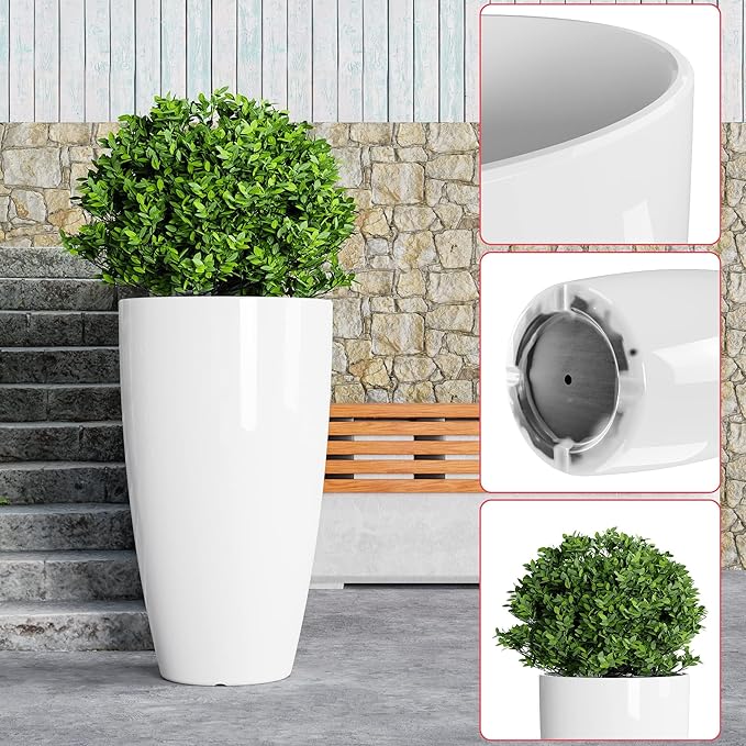 QCQHDU 21 inch Tall Planters for Outdoor & Indoor Plants, Set of 2 Large Outdoor Planters with Drainage Hole for Front Porch, Patio, Garden, White
